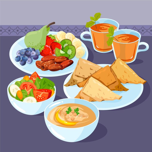 손으로 그린 iftar 식사 그림