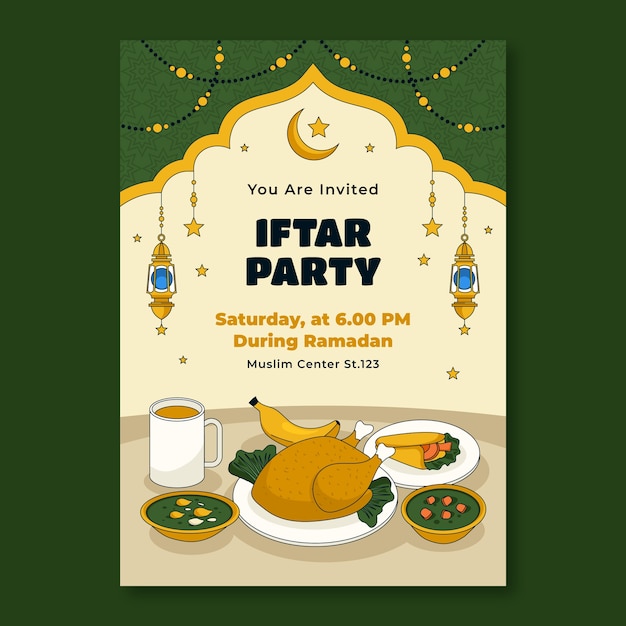 Vettore gratuito modello di invito alla festa di iftar disegnato a mano per la celebrazione islamica del ramadan.