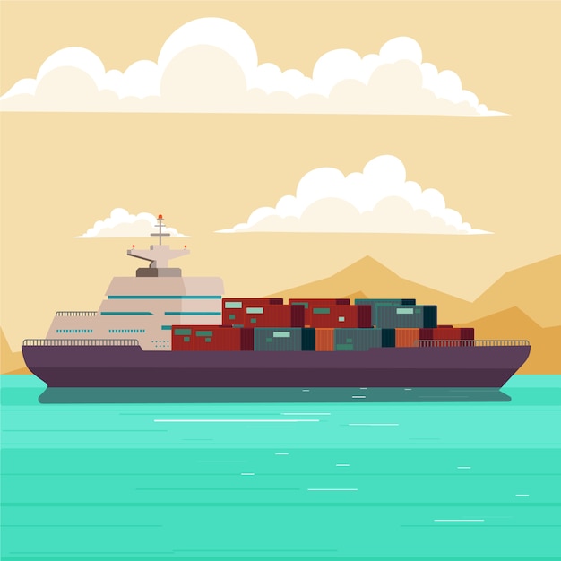 Hand drawn illustrated container ship