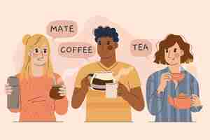 Free vector hand drawn illustrated people with hot drinks