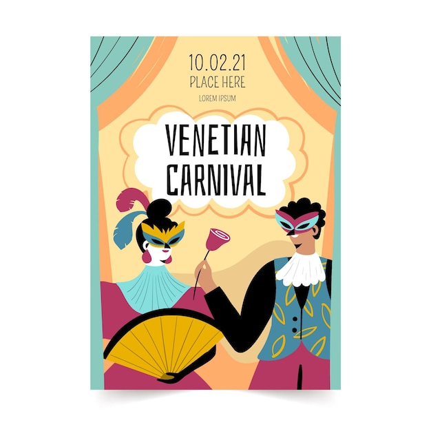 Vettore gratuito manifesto di carnevale veneziano illustrato disegnato a mano