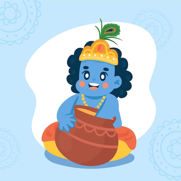 Free Vector hand drawn illustration of baby krishna eating butter