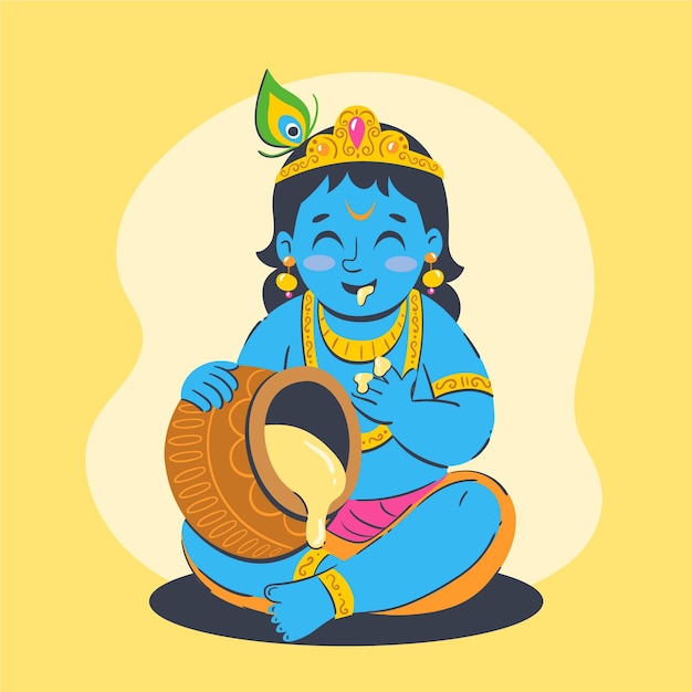 Hand drawn illustration of baby krishna eating butter