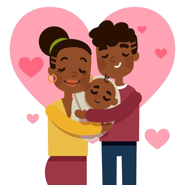 Hand drawn illustration black family with a baby