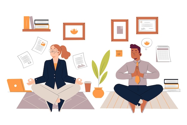 Hand drawn illustration of business people meditating