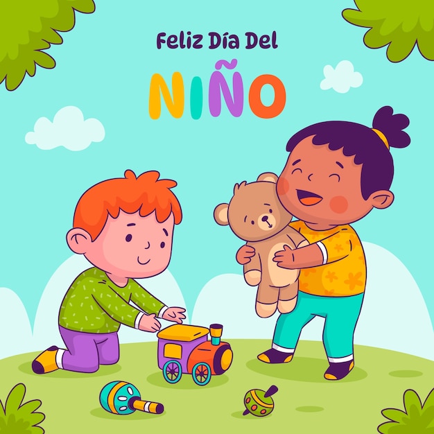 スペイン語での子供の日のお祝いの手描きイラスト