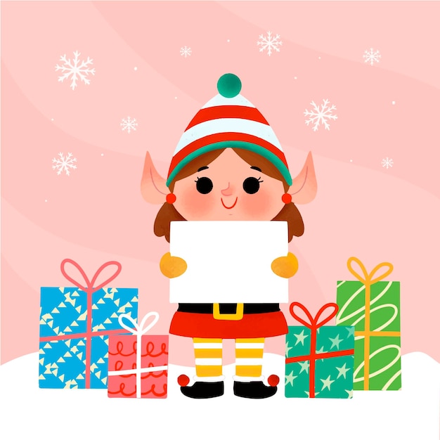 Free vector hand drawn illustration of christmas character holding blank banner