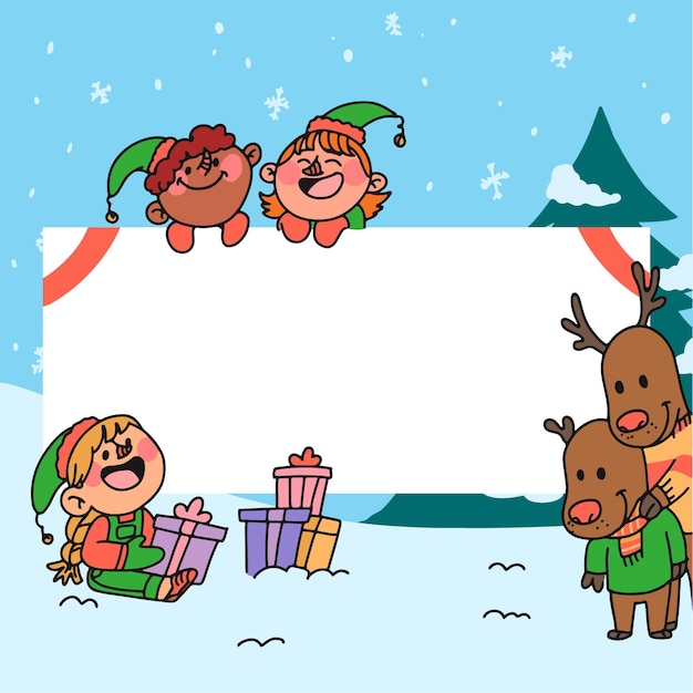 Hand drawn illustration of christmas characters holding blank banner