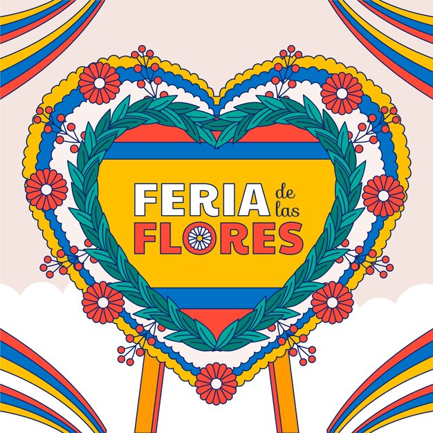 コロンビアのフェリア・デ・ラス・フローレスのお祝いの手描きイラスト