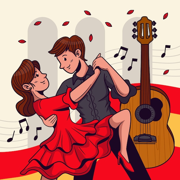 Free vector hand drawn illustration of couple dancing flamenco