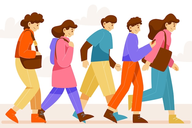 Hand drawn illustration crowd of people walking