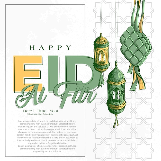 Hand drawn illustration of eid al fitr greeting card