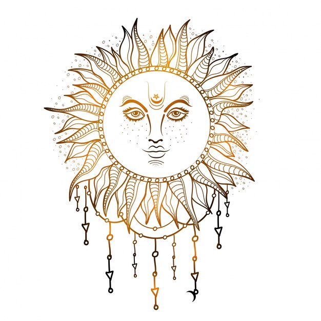  Hand drawn illustration of Glossy Sun, Creative boho style element. 