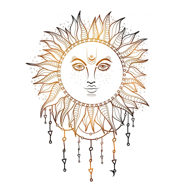 Hand drawn illustration of Glossy Sun, Creative boho style element. 