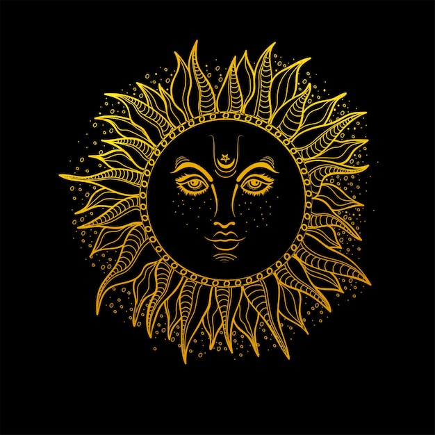  Hand drawn illustration of Golden Sun. Vector Boho style element. 