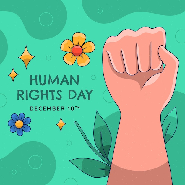 Ручная иллюстрация к празднованию Дня прав человека с кулаком и листьями