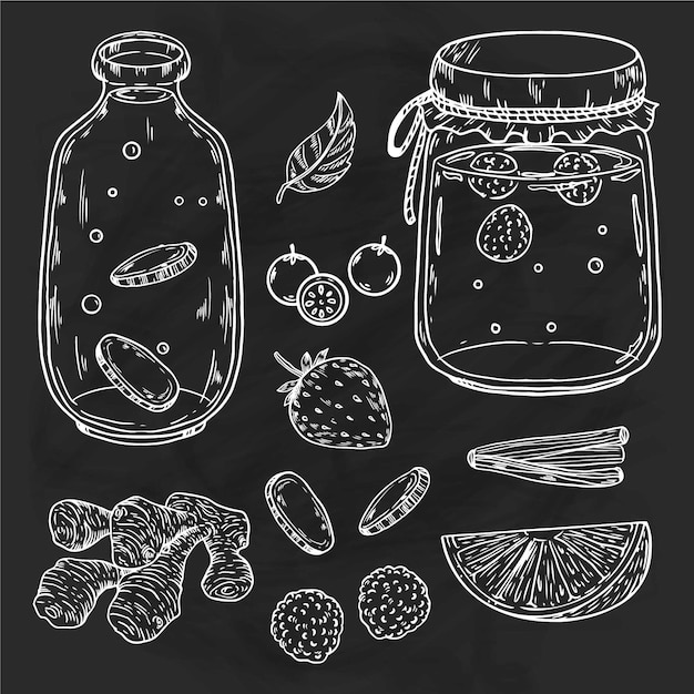 Tè di kombucha illustrazione disegnata a mano con ingredienti