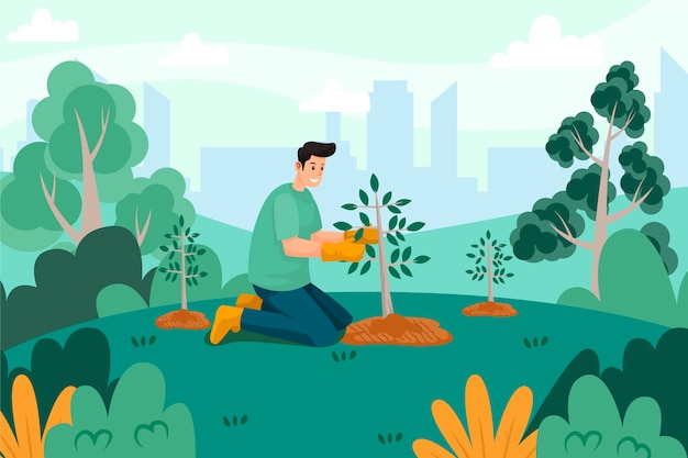 Hand drawn illustration man planting tree