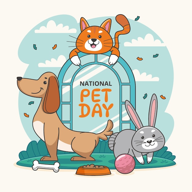 Hand drawn illustration for national pet day with animals