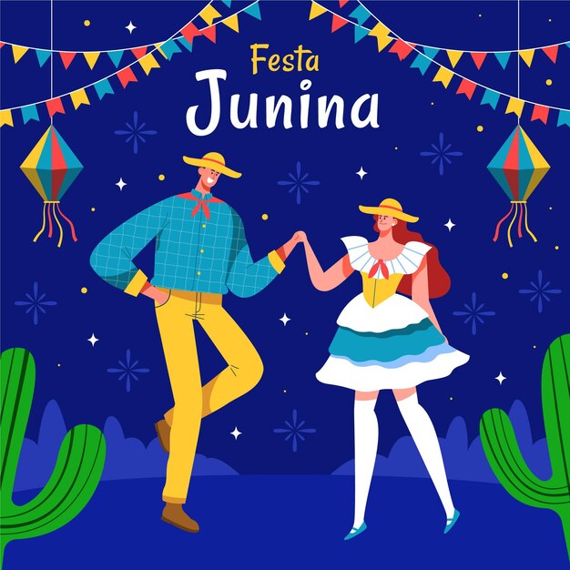 Hand drawn illustration of people celebrating festa junina