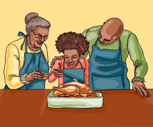 Hand drawn illustration of people celebrating thanksgiving