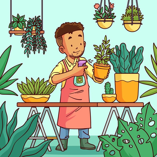 Hand drawn illustration of people taking care of plants