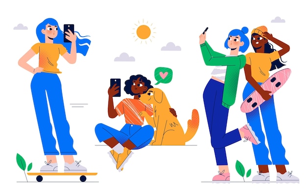 Hand drawn illustration of people taking photos with smartphone