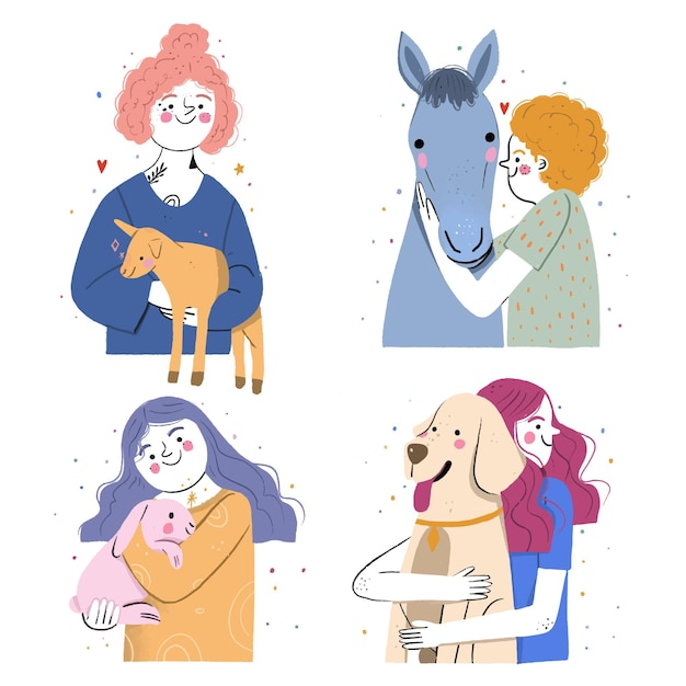 Рисованной иллюстрации людей с домашними животными