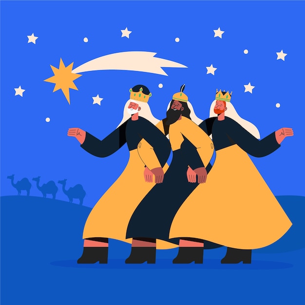 Free vector hand drawn illustration of reyes magos arriving to the nativity scene