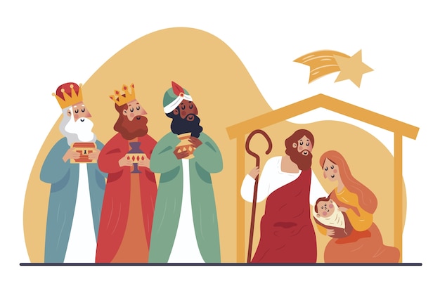 Hand drawn illustration of reyes magos arriving to the nativity scene