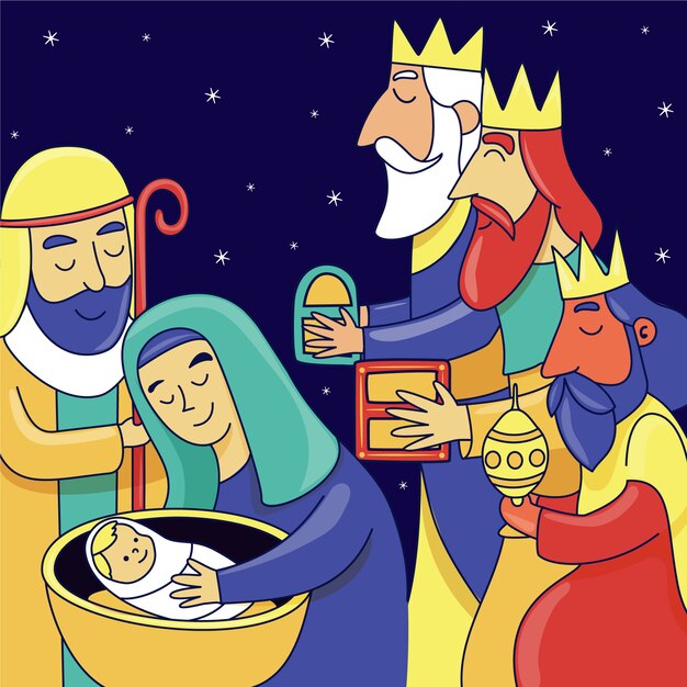 キリスト降誕のシーンに到着するレイズマゴスの手描きイラスト