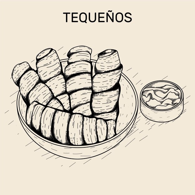 Hand drawn illustration of tequeños with sauce