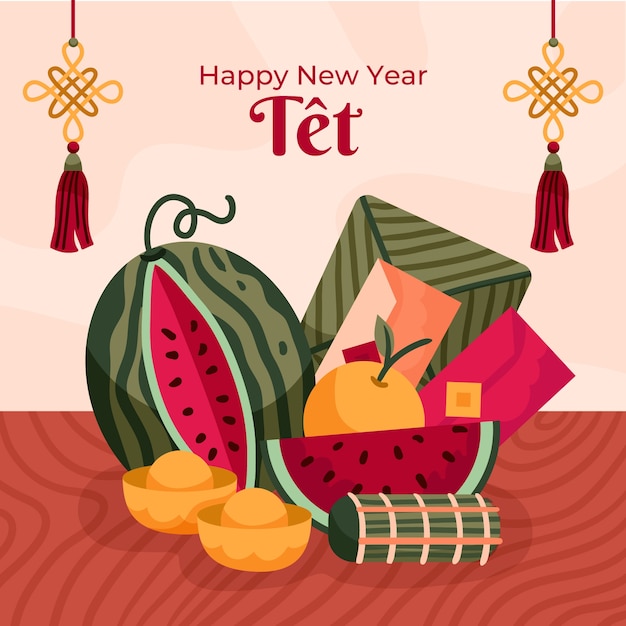 Free vector hand drawn illustration for tet new year celebration