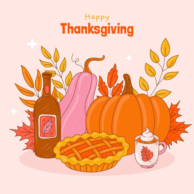 Hand drawn illustration for thanksgiving with pie and wine bottle