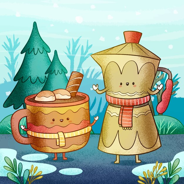 Hand drawn illustration for winter season with teapot and cup