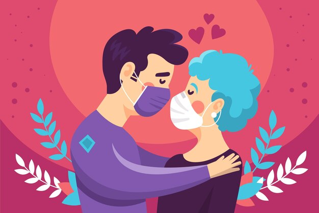 Hand-drawn illustration with couple kissing with medical masks