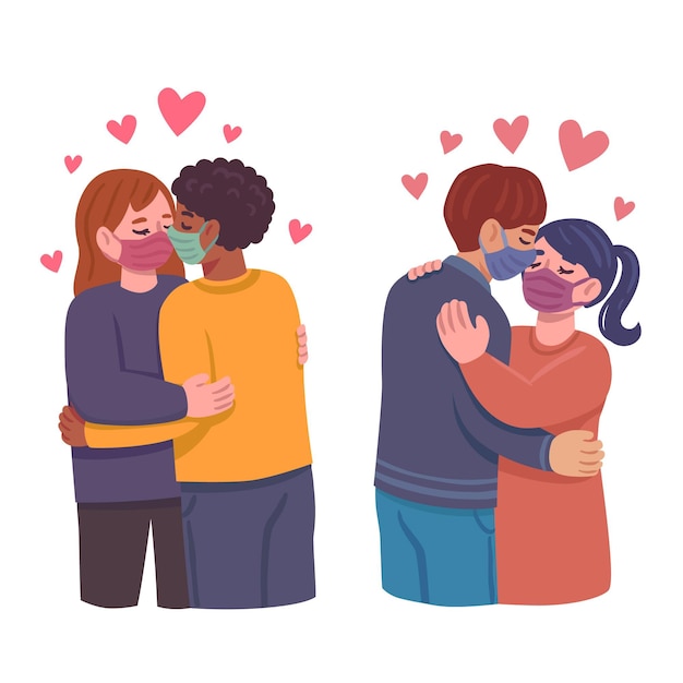 Бесплатное векторное изображение Рисованной иллюстрации с парами, целующимися с маской covid