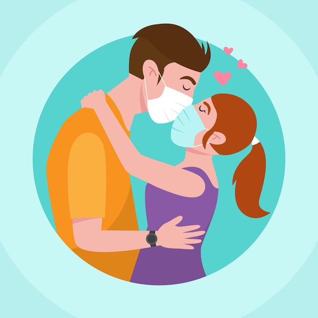 Free vector hand drawn illustration with couples kissing with covid mask