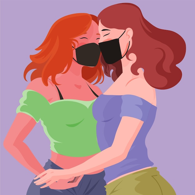 Covidマスクでキスするカップルと手描きイラスト