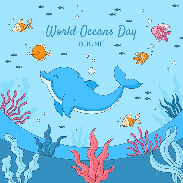 Hand drawn illustration for world oceans day celebration