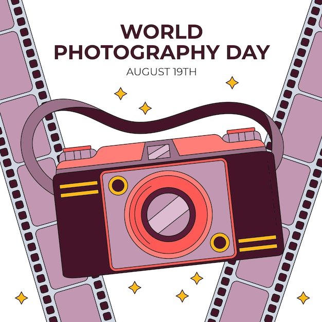 Vettore gratuito illustrazione disegnata a mano per la celebrazione della giornata mondiale della fotografia