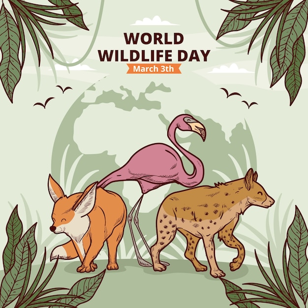 Vettore gratuito illustrazione disegnata a mano per la giornata mondiale della fauna selvatica con flora e fauna