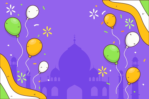 Hand drawn india independence day background with balloons and fireworks