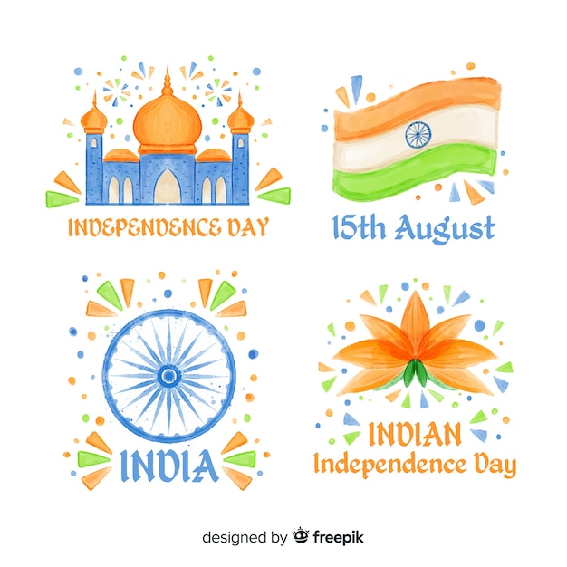 Free Vector hand drawn india independence day badge collection