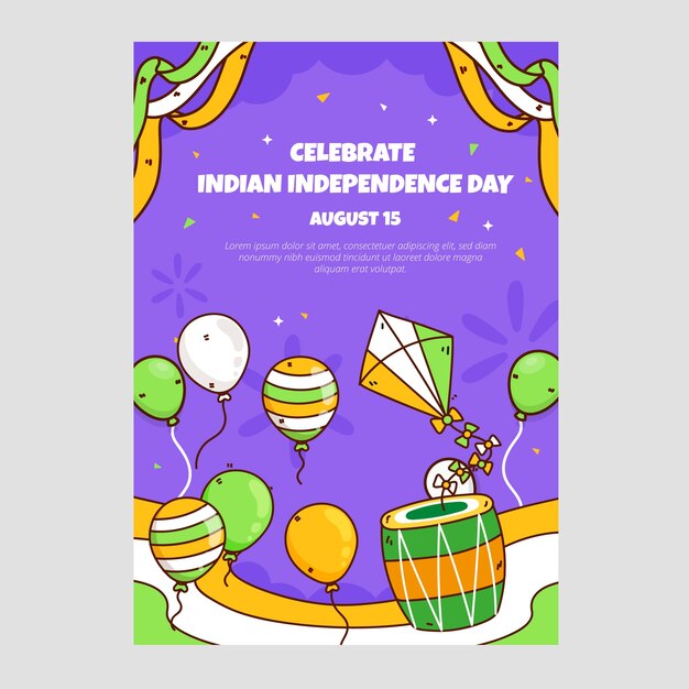 Hand drawn india independence day poster template with balloons and kite
