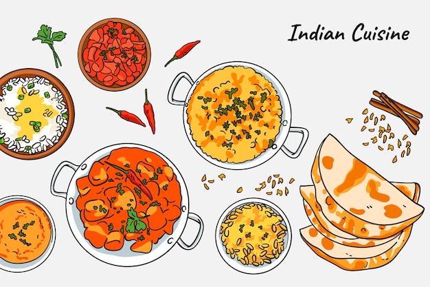 無料ベクター 手描きのインド料理のイラスト