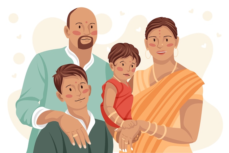 मुफ़्त वेक्टर हाथ से बनाया गया भारतीय परिवार चित्रण