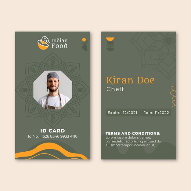 Free vector hand drawn indian food restaurant id card