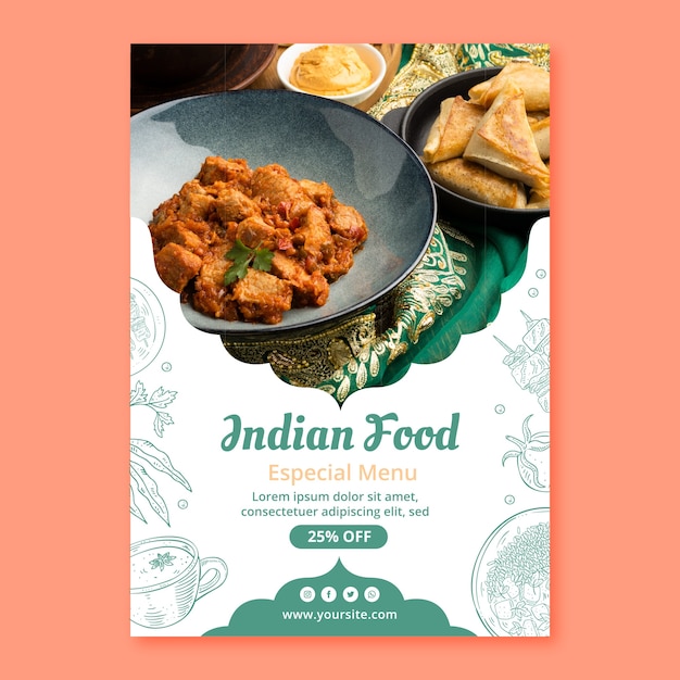 손으로 그린 인도 음식 레스토랑 포스터 템플릿