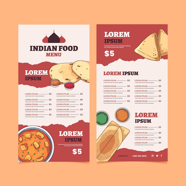 Modello di menu indiano disegnato a mano